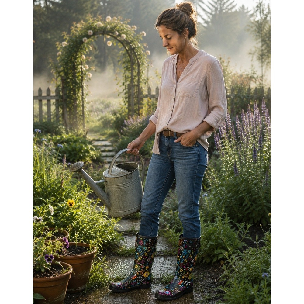 Western Chief Rain Boots Size 9 Garden Black Floral Waterproof‎ Rubber #1103